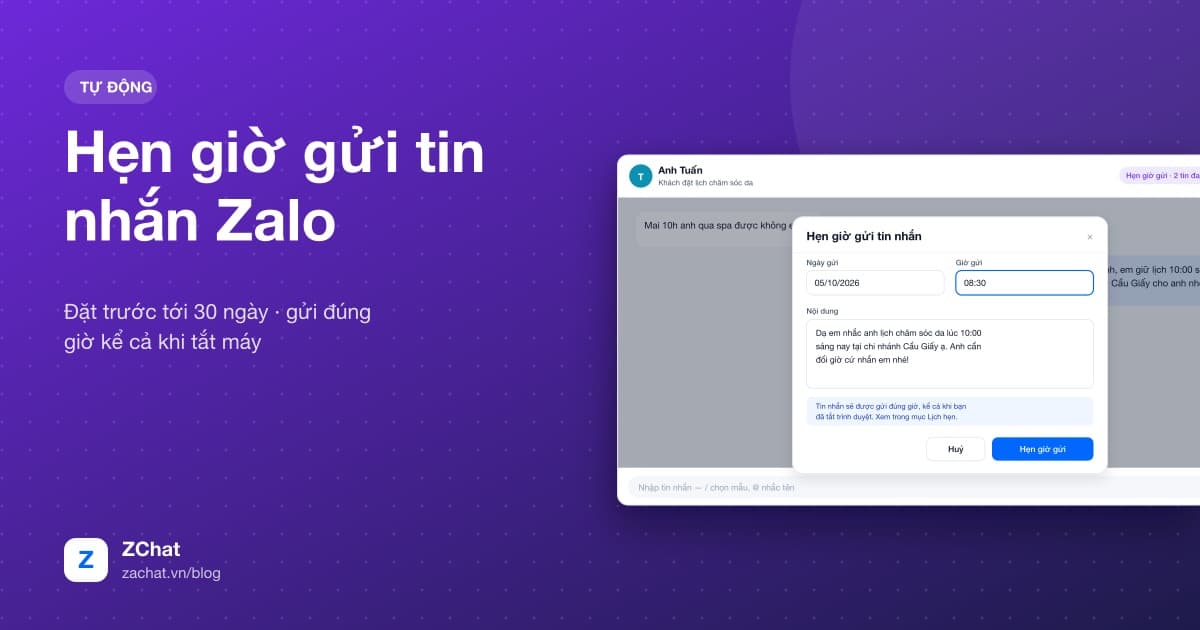 Hộp thoại hẹn giờ gửi tin nhắn Zalo trong cuộc trò chuyện trên ZChat