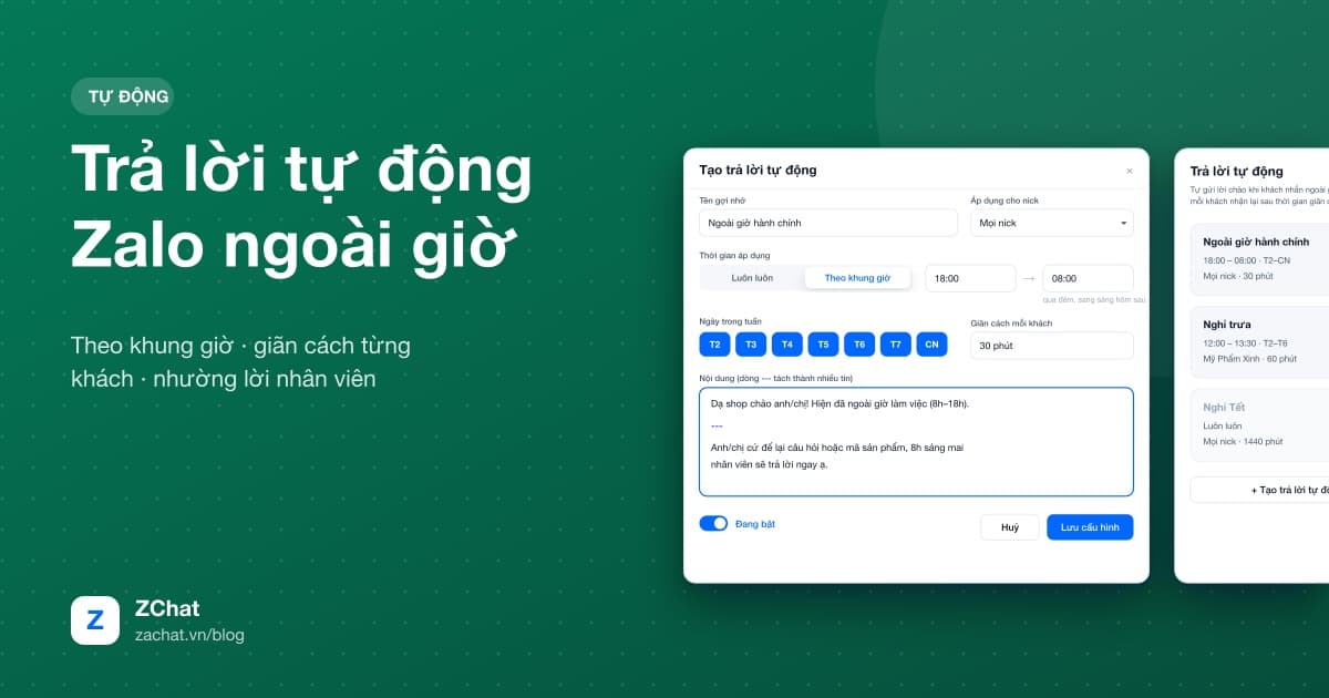 Form cài đặt trả lời tự động Zalo theo khung giờ trên ZChat
